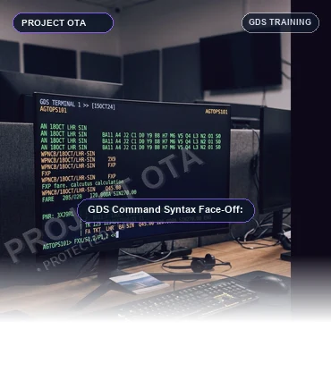 Command line terminal split screen comparing syntax commands across Sabre, Amadeus, and Travelport