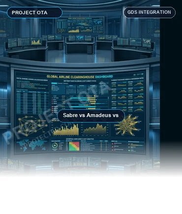Comparison chart and logo illustrations of Sabre, Amadeus, and Travelport GDS systems
