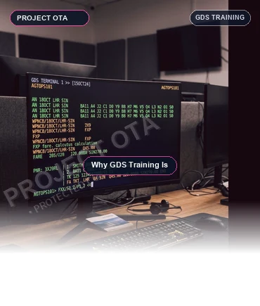 Travel professional typing command lines into a Global Distribution System terminal